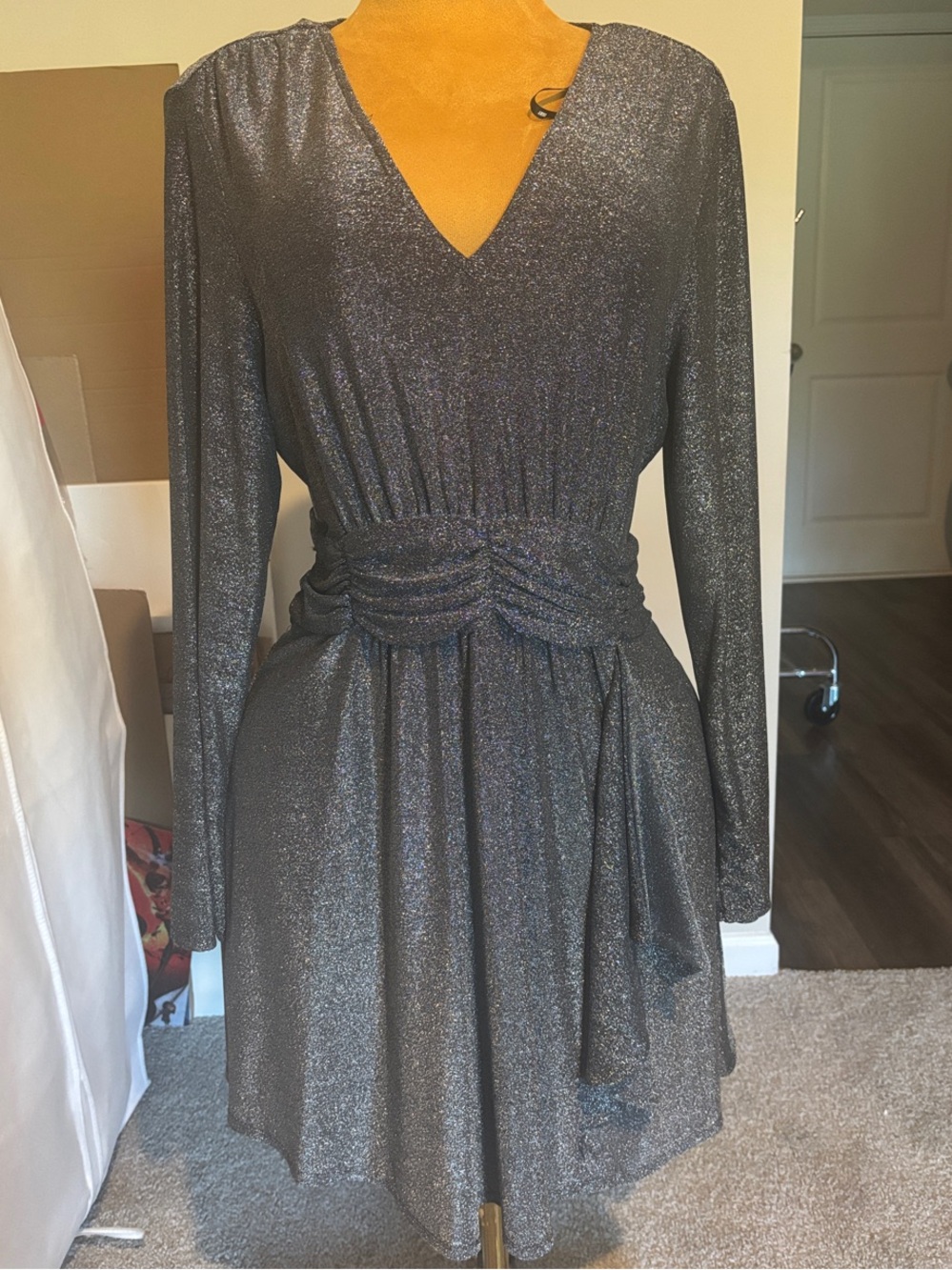 DKNY Gunmetal Shimmer Long Sleeve V-Neck Party Dress